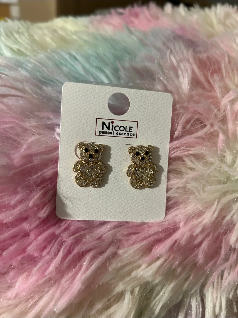 Nicole Cream and Gold Teddy Bear Crystal Stud Earrings